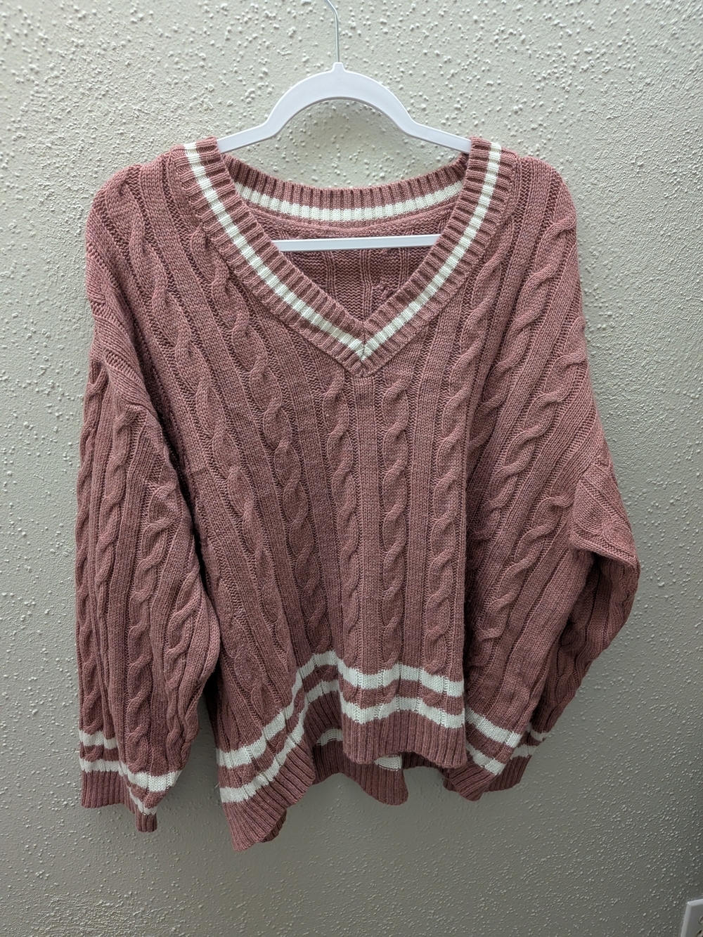 SHEIN Dusty Rose Cable Knit V-Neck Sweater with White Stripes